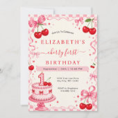 チェリーの1歳の誕生日 赤いチェリーとピンクのリボン 招待状 (正面)