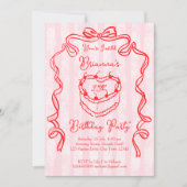 チェリーケーキ ピンク コケッティ ボウ 誕生日パーティー 招待状 (正面)