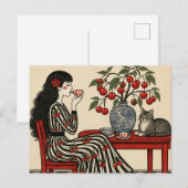 チェリードレスでネコと紅茶を ポストカード (正面/裏面)