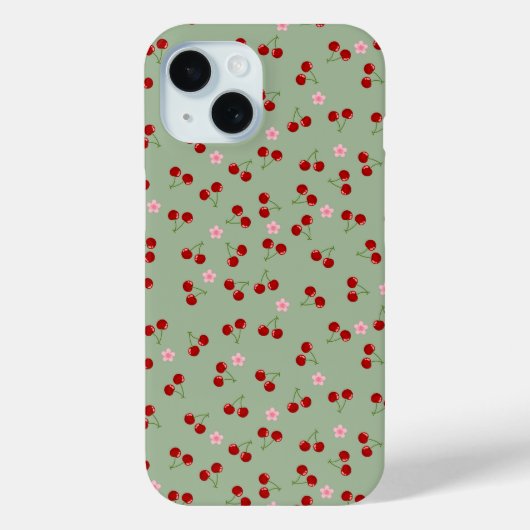 チェリーパターン グリーンの背景 Case-Mate iPhoneケース (裏面)