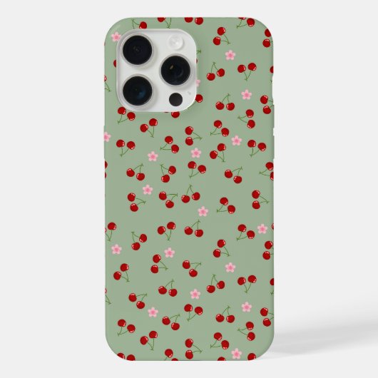 チェリーパターン グリーンの背景 iPhoneケース (裏面)
