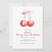 チェリーピンクのボウが付いたプレッピーなファーストバースデー 招待状 (正面)