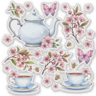 チェリーピンクの花の花畑とお茶 シール