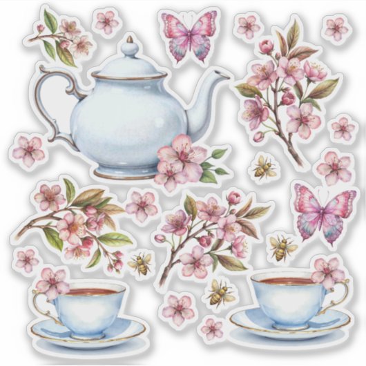 チェリーピンクの花の花畑とお茶 シール (正面)