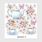 チェリーピンクの花の花畑とお茶 シール (シート)