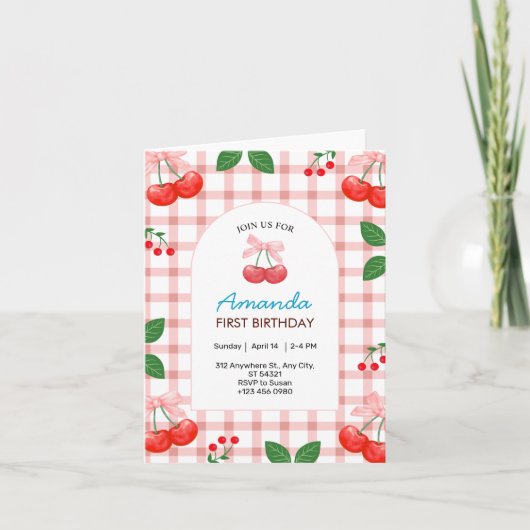 チェリーフルーツファーストバースデーパーティーフォールドカード 招待状 (正面)