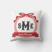 チェリーレッドのギリシャ鍵文様のモノグラム クッション (裏面)