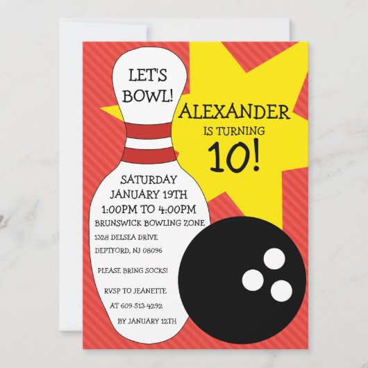 チェリーレッドのボーリングの強打のボーリングの誕生会 招待状 (正面)