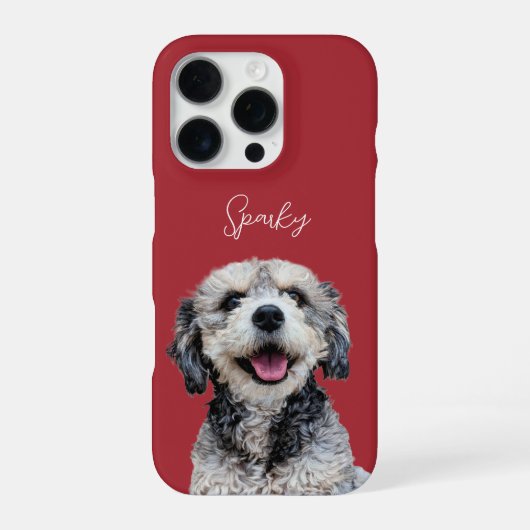 チェリーレッドのモダンな犬の写真と手書き風ペットの名前 iPhoneケース (裏面)