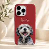 チェリーレッドのモダンな犬の写真と手書き風ペットの名前 iPhoneケース