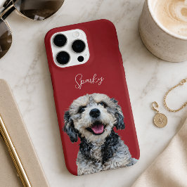 チェリーレッドのモダンな犬の写真と手書き風ペットの名前 iPhone 16 PROケース