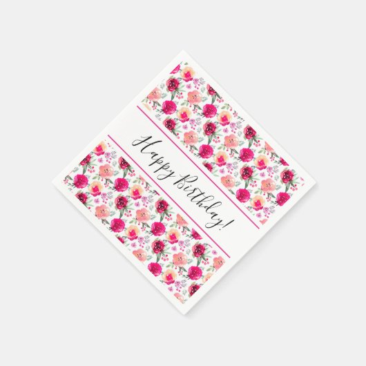 チェリーレッドの水彩花柄の誕生日 スタンダードカクテルナプキン (角)