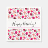 チェリーレッドの水彩花模様の誕生日 スタンダードカクテルナプキン (正面)