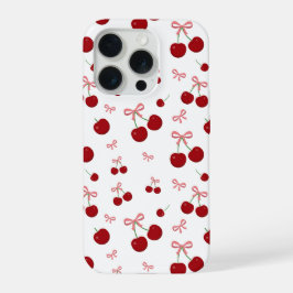 チェリーレッドリボン シームレス パターン かわいい フルーツ デザイン iPhone 15 PROケース