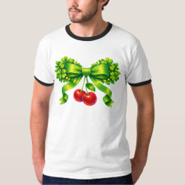 チェリー付きクローバーリボン グリーン デザイン Tシャツ