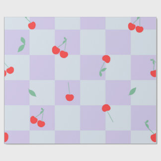 チェリー柄のライラックのチェック ラッピングペーパー