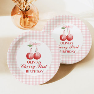 チェリー１歳の誕生日 ピンクのリボン ギンガムチェック ペーパープレート