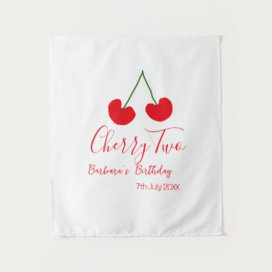 チェリー2歳の誕生日 赤いチェリーの子供向けシンプルデザイン タペストリー (正面)