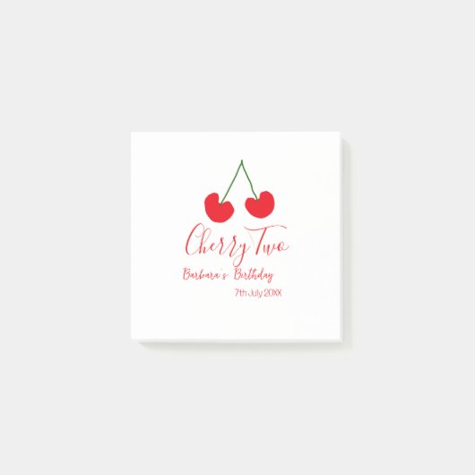 チェリー2歳の誕生日 赤いチェリーの子供向けシンプルデザイン ポストイット (正面)