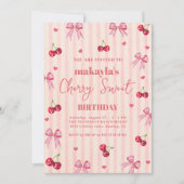 チェリー スウィート バースデー パーティー ピンクの リボン ガール 招待状 (正面)