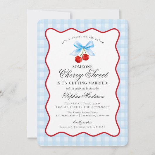 チェリー スウィート ブルー コケッティ ギンガム ブライダル シャワー 招待状 (正面)