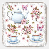 チェリー ピンクの花の花畑とお茶 スクエアシール (正面)