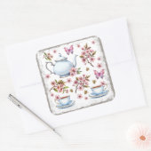 チェリー ピンクの花の花畑とお茶 スクエアシール (封筒)