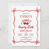 チェリー ファースト バースデー 招待状 赤いリボン ベリー (正面)