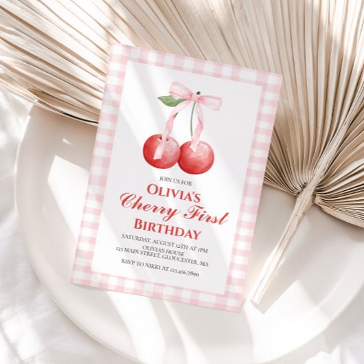 チェリー ファースト ピンク ボウ プレッピー 1歳の誕生日 招待状