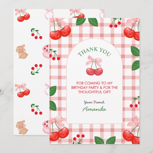 チェリー フルーツ ファースト バースデー パーティー サンキューカード (正面/裏面)