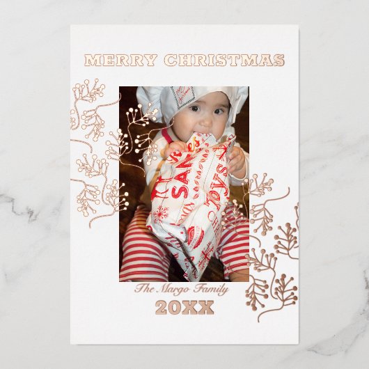 チェリー ブランチ メリー クリスマス フォト プレスド 箔シーズンカード (正面)