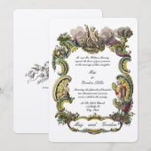 チェルブ、鳥が描かれたカラフルなバロック・ロココ調のボーダー 招待状 (正面/裏面)