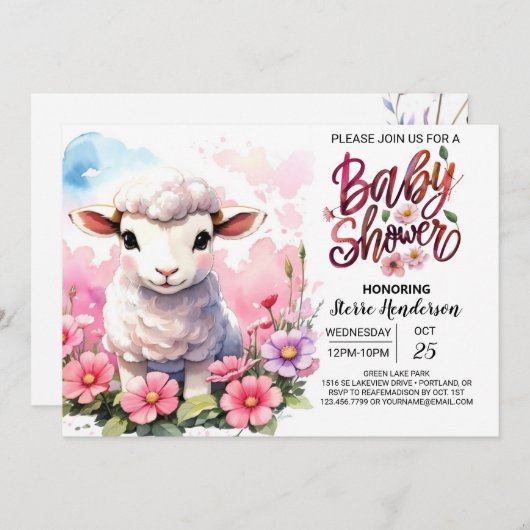 チェルービックラムディライトピンクガール赤ちゃんシャワー 招待状 (正面/裏面)