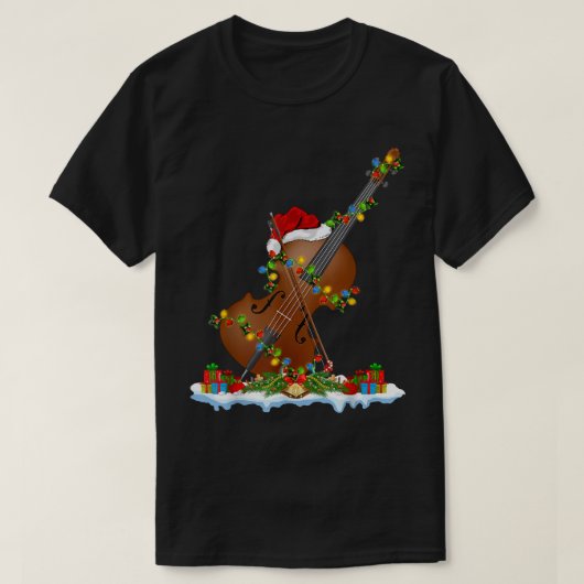 チェロおもしろいミュージックラバークリスマス照明サンタチェロ Tシャツ (デザイン正面)