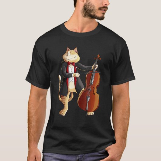 チェロで遊ぶかっこいい猫 楽器を持つ面白い子猫 Tシャツ (正面)