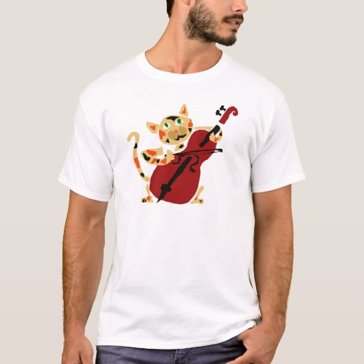 チェロの芸術の漫画を遊んでいるおもしろいな茶色のぶち猫 Tシャツ (正面)
