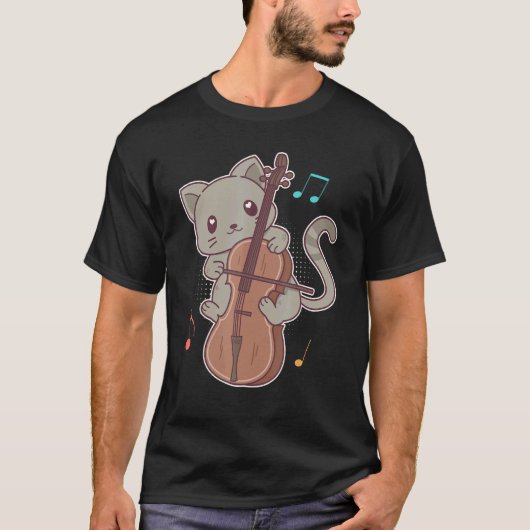 チェロを演奏する可愛い猫 和風 Tシャツ (正面)
