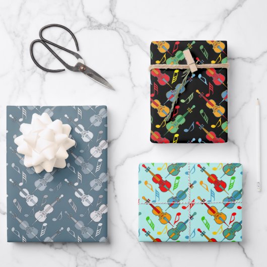 チェロカラフル音符ラッピング紙シート ラッピングペーパーシート (正面)