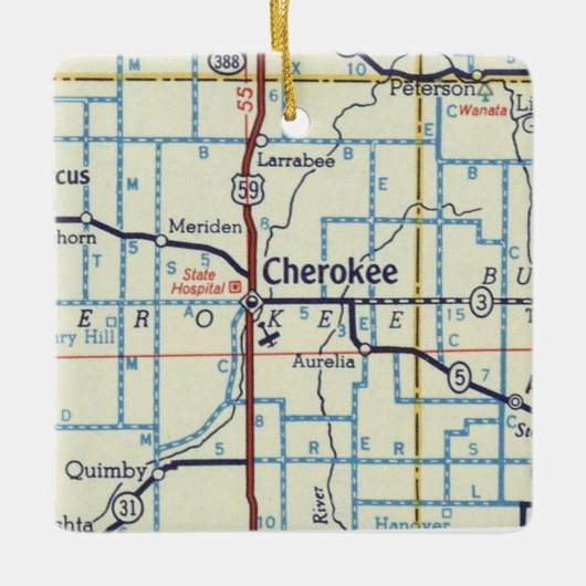チェロキーアイオワヴィンテージの地図 セラミックオーナメント (正面)