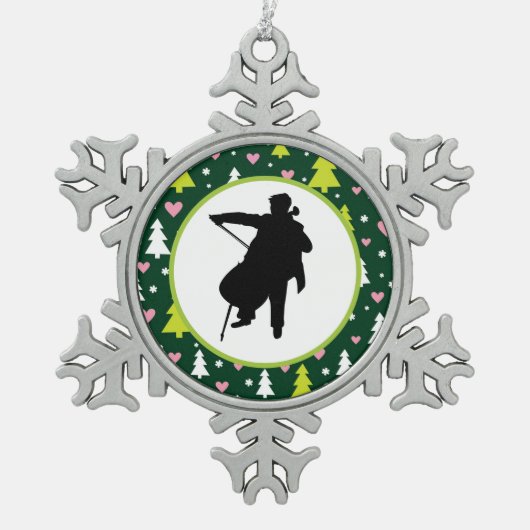 チェロプレーヤーのオーケストラ音楽 スノーフレークピューターオーナメント (正面)