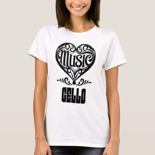 チェロ愛好家のための優雅なスクロールハート Tシャツ (正面)