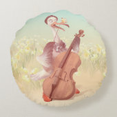 チェロ演奏のサギ: 黄色の草原のクラシック音楽動物 ラウンドクッション (裏面)