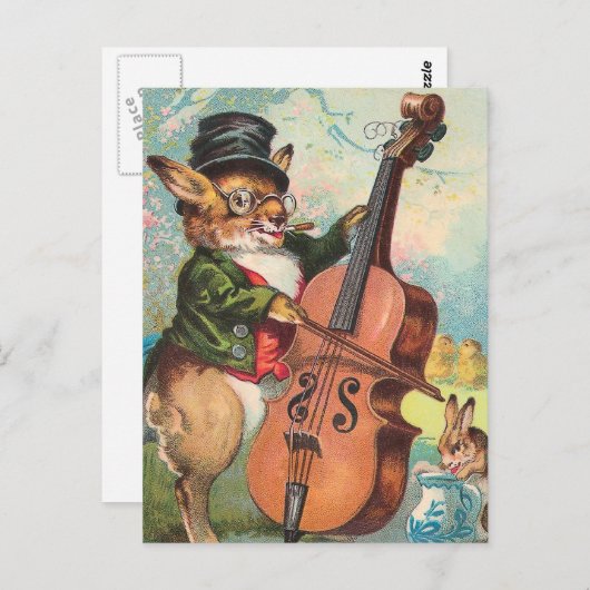 "チェロ"の演奏するウサギヴィンテージ ポストカード (正面/裏面)