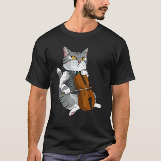 チェロ・バイオリンを演奏する猫 音楽家 Tシャツ (正面)