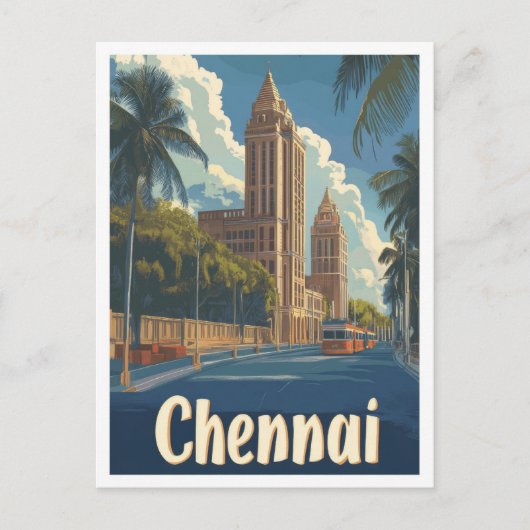 チェンナイインディアアートヴィンテージトラベルイラストレーション ポストカード (正面)