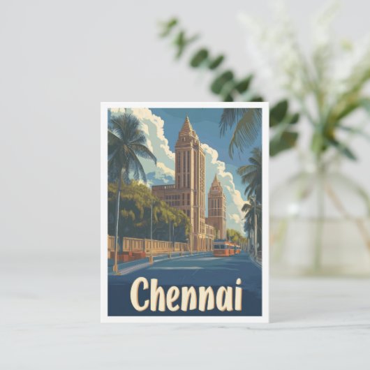 チェンナイインディアアートヴィンテージトラベルイラストレーション ポストカード (スタンド正面)