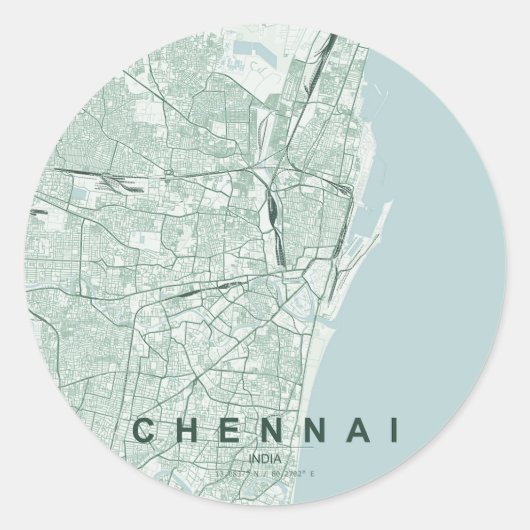 チェンナイ インド 都市地図 ミニマル デザイン ラウンドシール (正面)