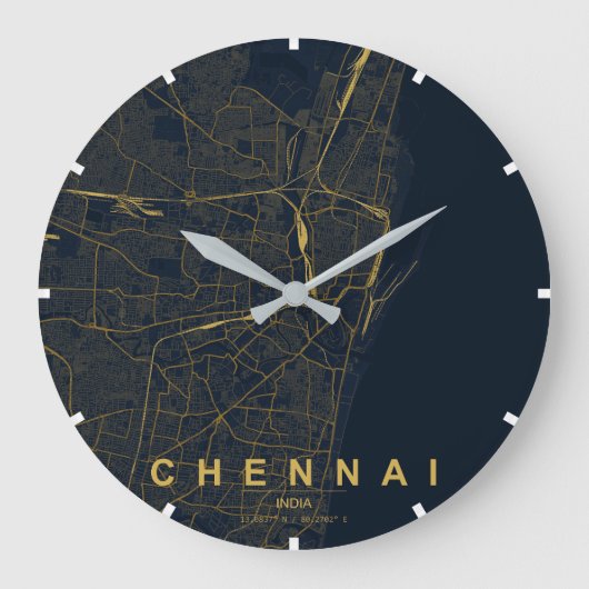 チェンナイ インド 都市地図 ミニマル デザイン ラージ壁時計 (正面)