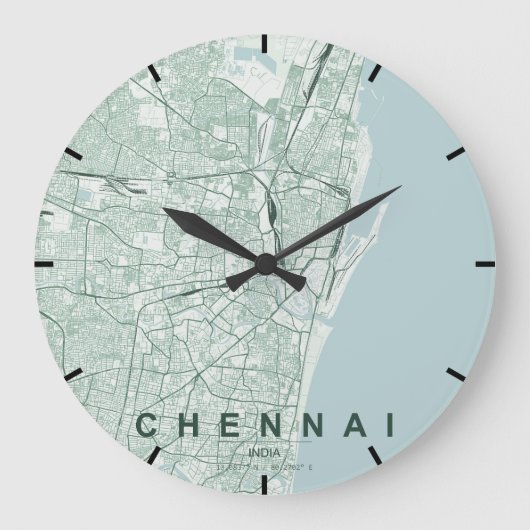 チェンナイ インド 都市地図 ミニマル デザイン ラージ壁時計 (正面)