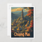 チェンマイタイランドヴィンテージトラベルイラストレーション ポストカード (正面/裏面)